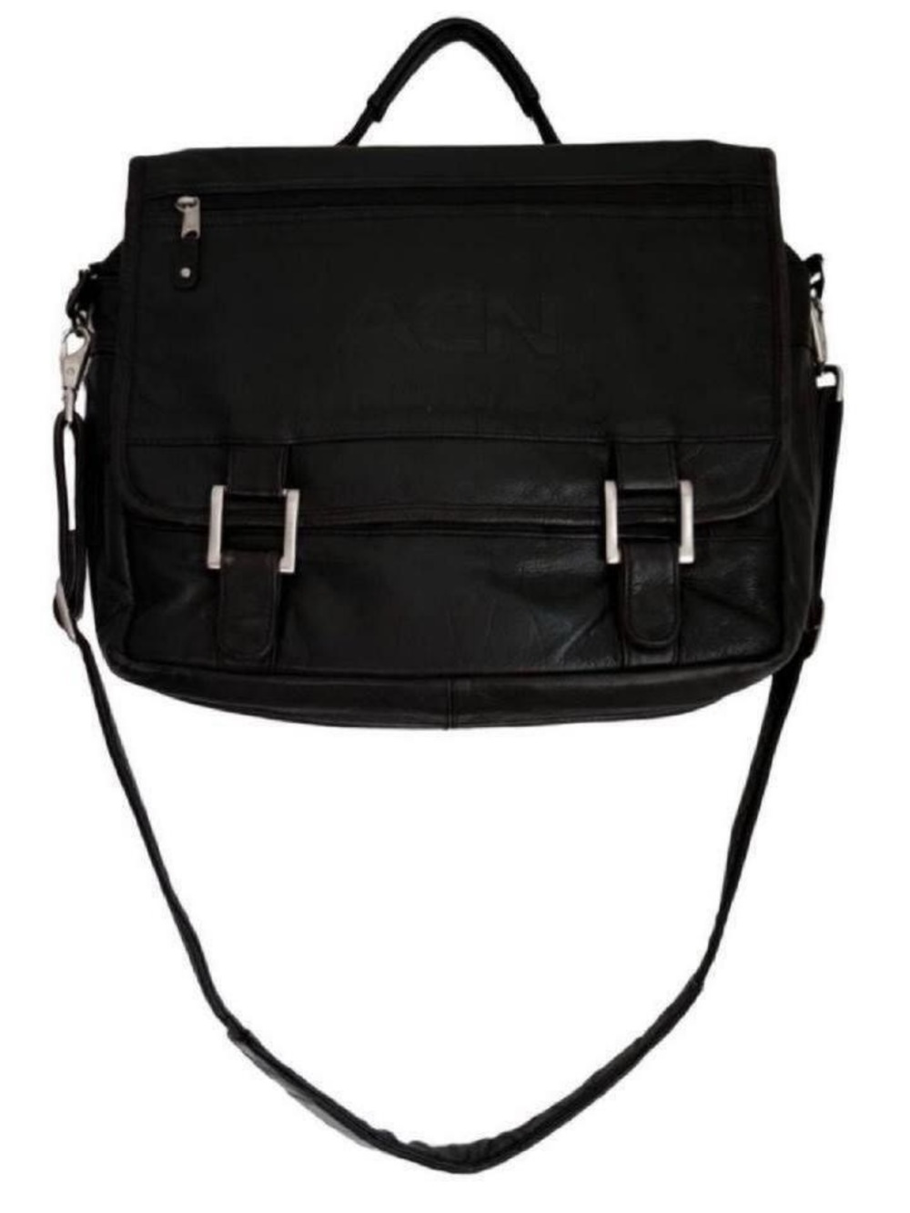 Vintage Black Genuine Leather Messenger Bag with Silver Buckles School Work 90s